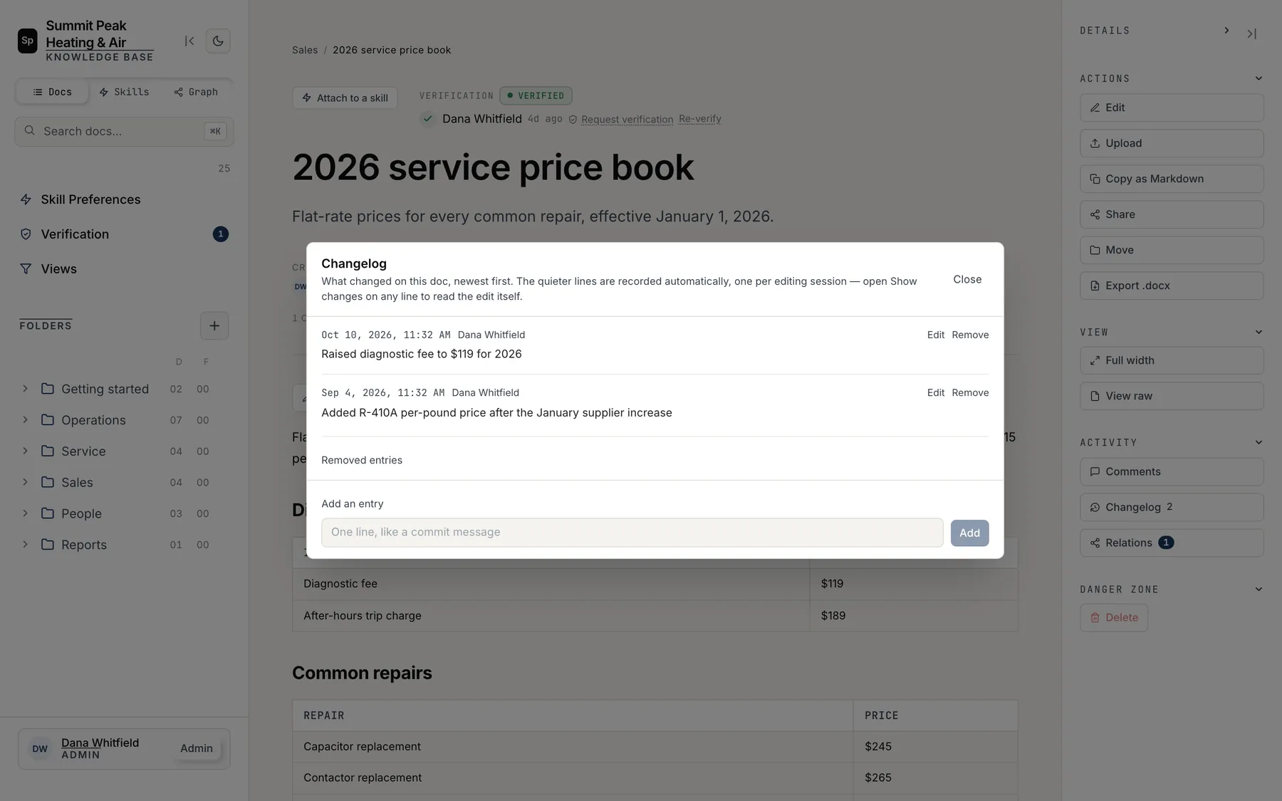 A changelog listing dated edits and notes