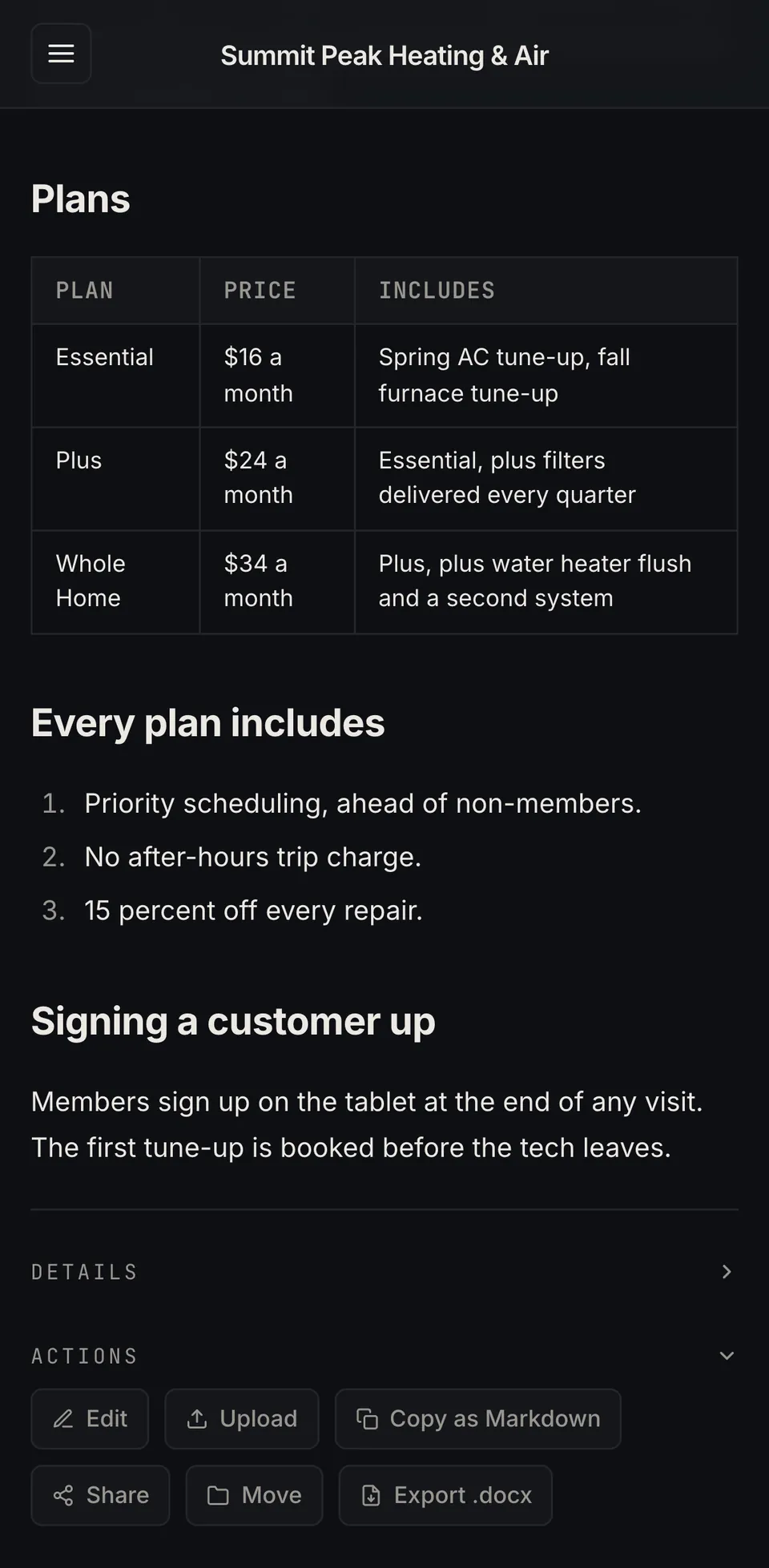The membership plans table on a phone