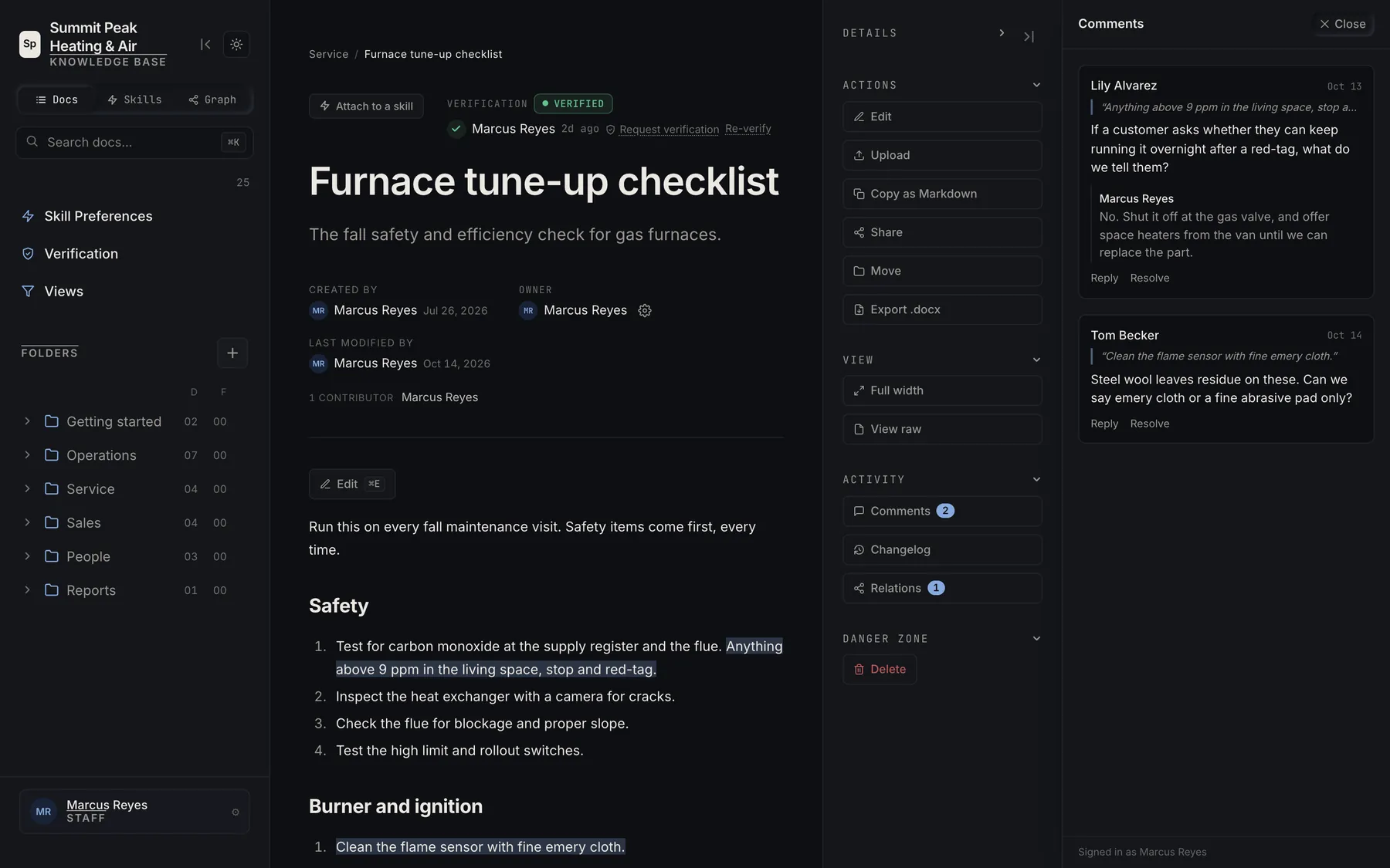 Comment threads attached to quoted passages on a checklist