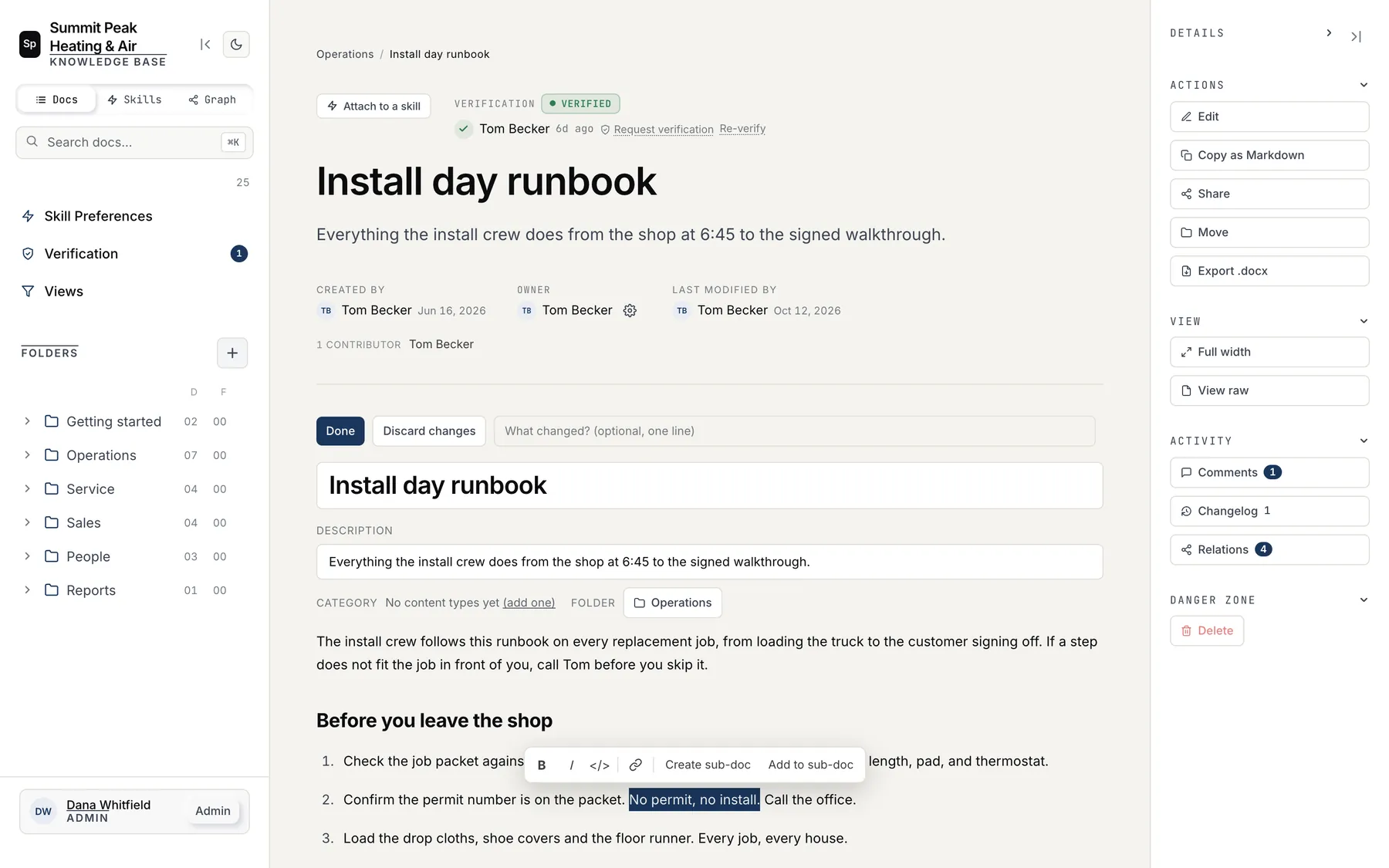 A runbook open in the inline editor with the formatting menu over a selected phrase