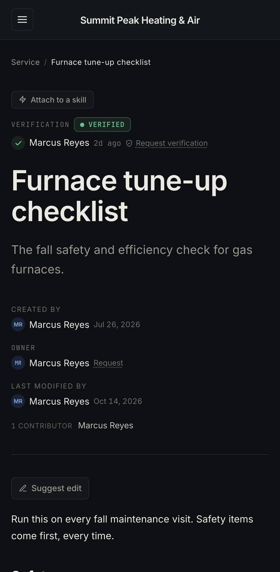 A verified furnace tune-up checklist on a phone