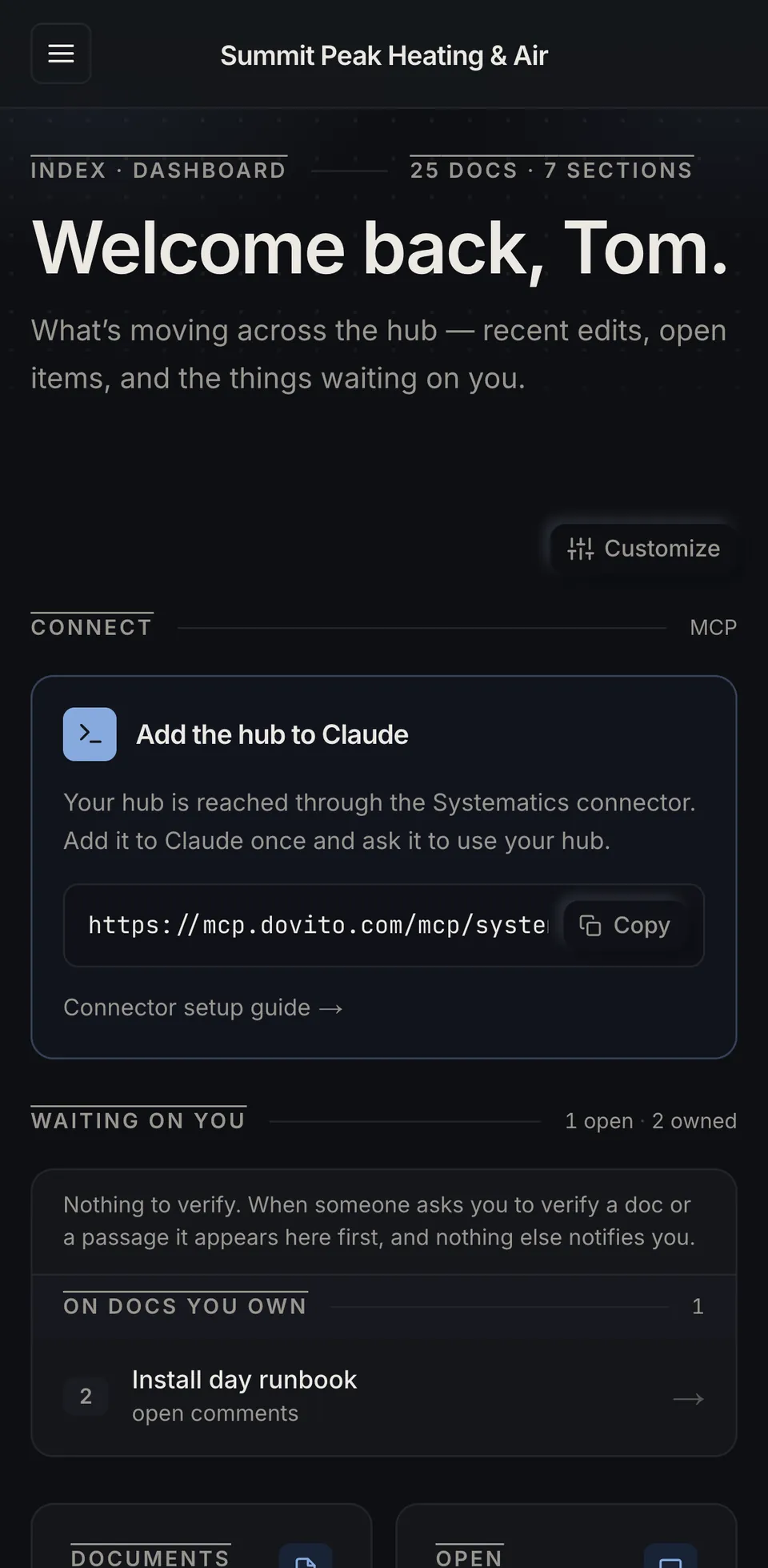 The hub home page on a phone