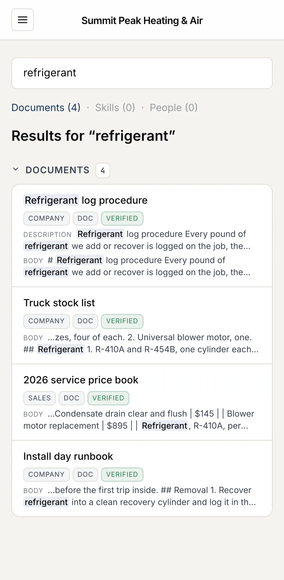 Search results for refrigerant on a phone