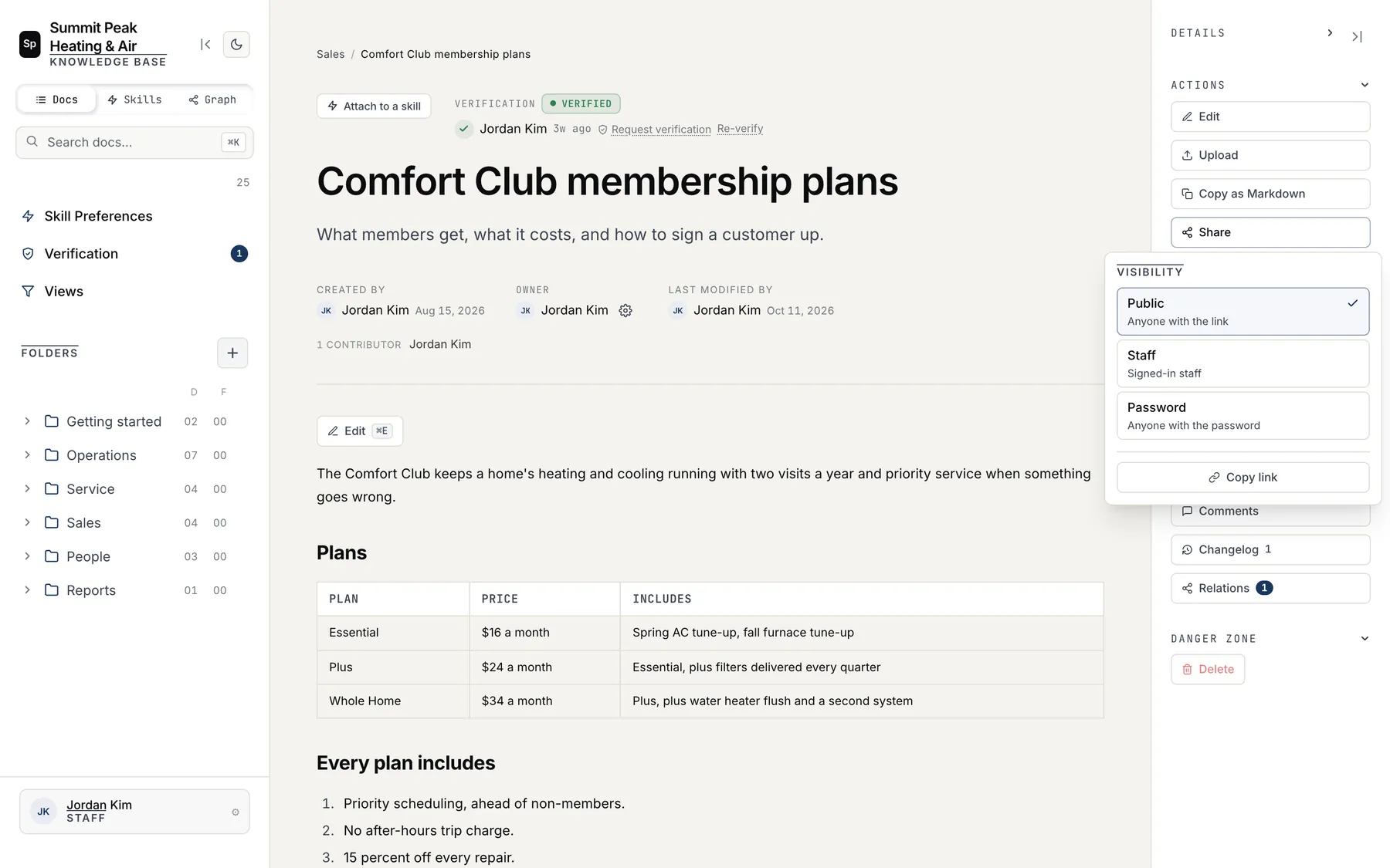 The Share menu with Public, Staff and Password visibility