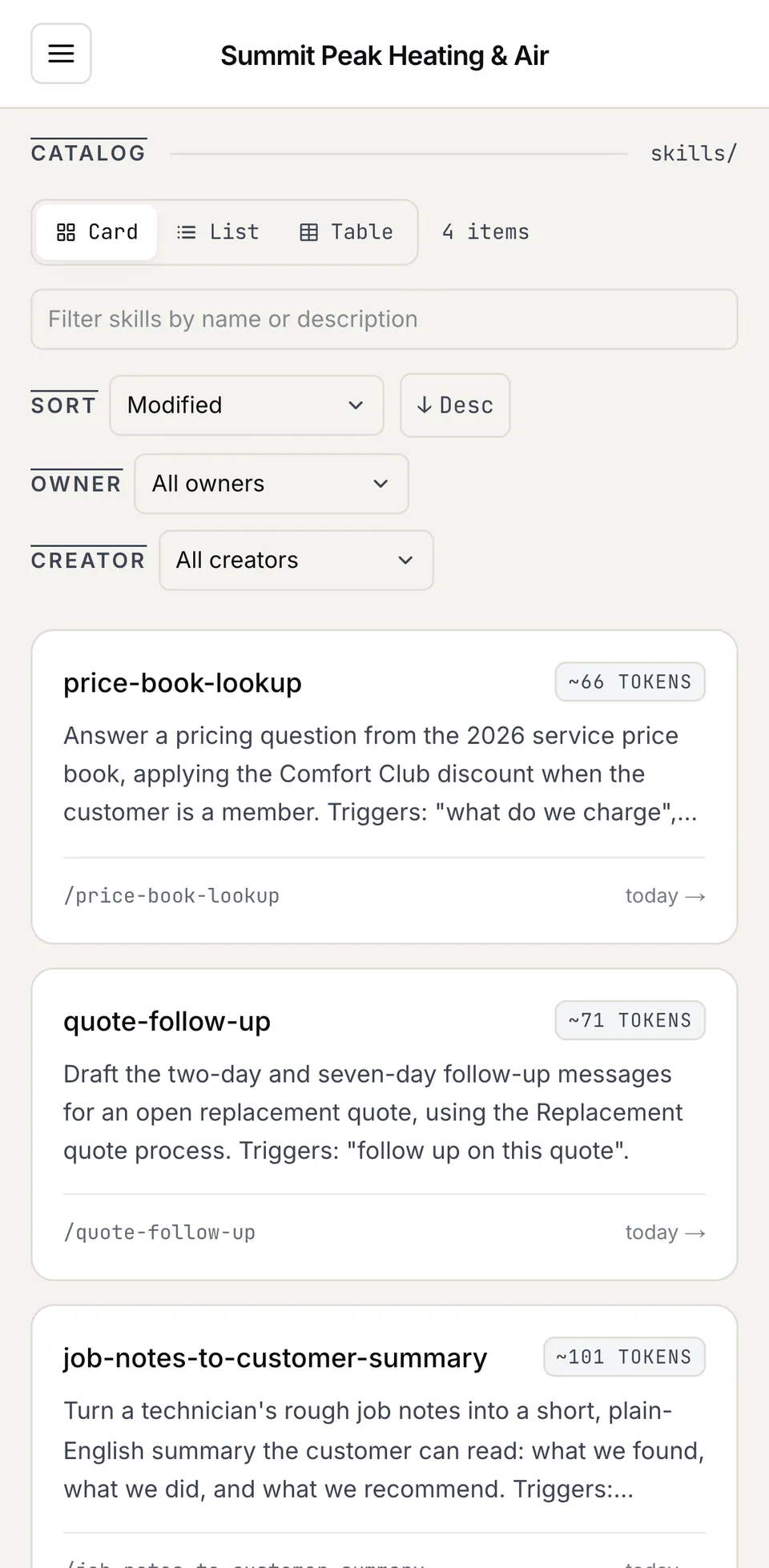 The skills catalog on a phone