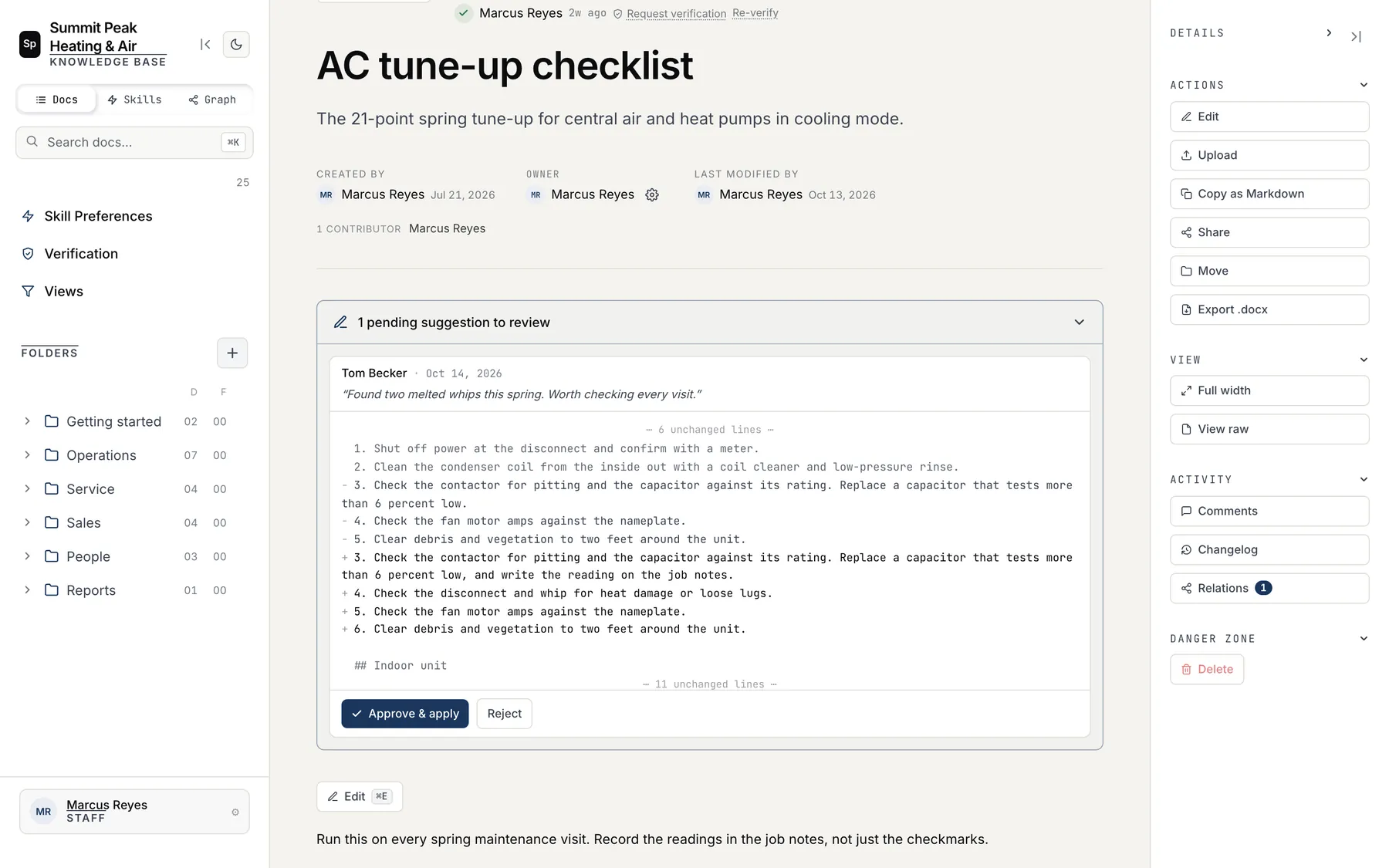 A pending suggestion showing changed lines with Approve and apply and Reject